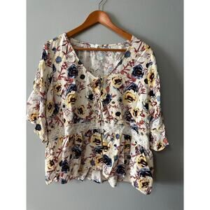 Maurices 1X Floral Boho Peasant Blouse Lace Trim Rayon Top Plus Size